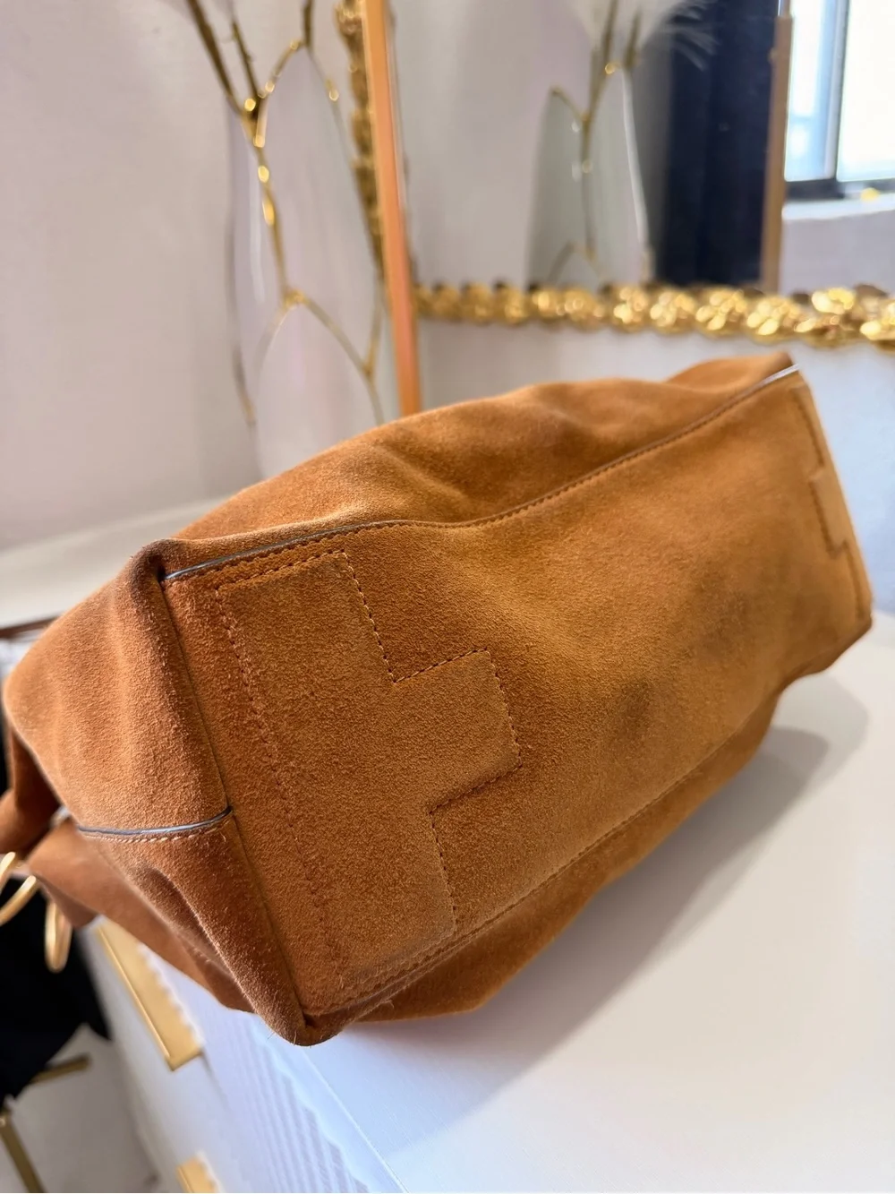 Tory Burch Brown Suede Shoulder Bag with Gold Ring Hardware